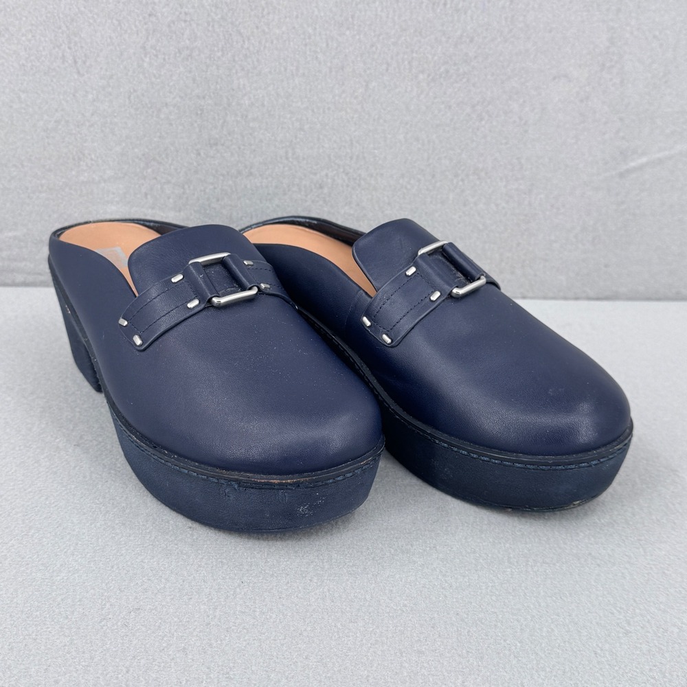 FitFlop Pilar Platform Mules Women 9 Navy Blue Leather Buckle Clog FQ9 Modern